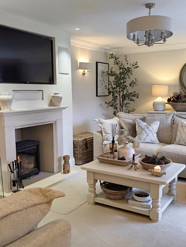 Neutral Tones and Fireplace Glow