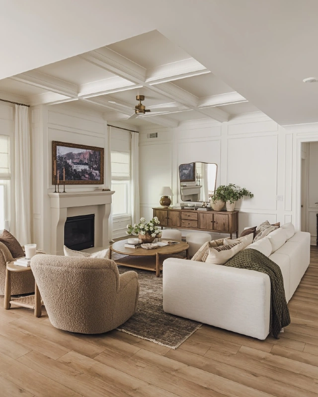 Coffered Ceilings and Bouclé Chairs