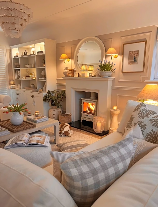 Soft Neutrals and Fireplace Comfort