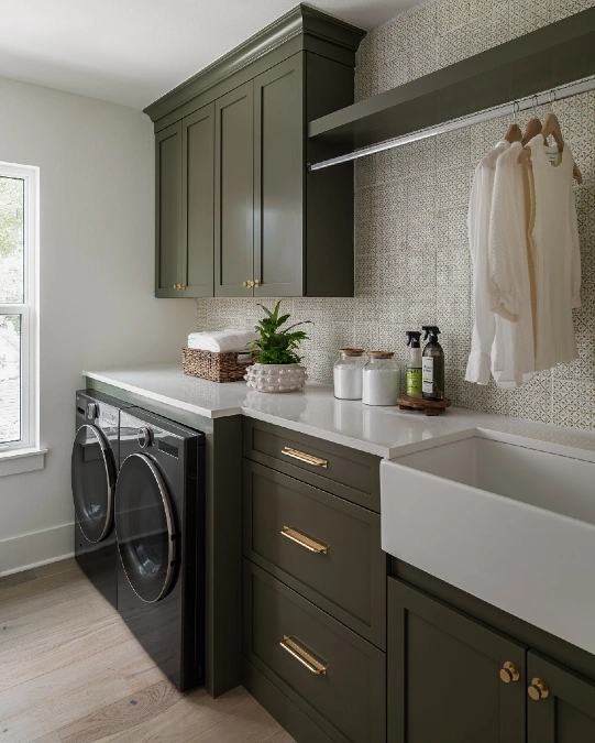 Olive Green Cabinets and Patterned Tile
