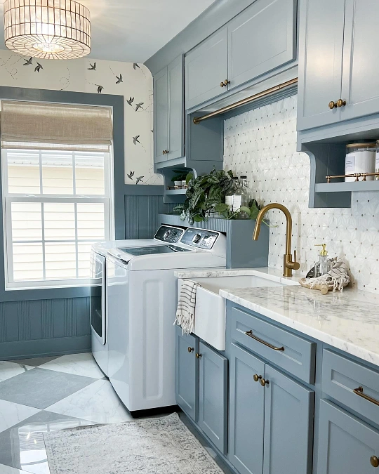 Slate Blue Cabinets and Bird Wallpaper