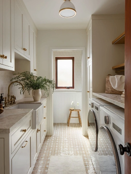 Galley Layout and Patterned Floor Tiles