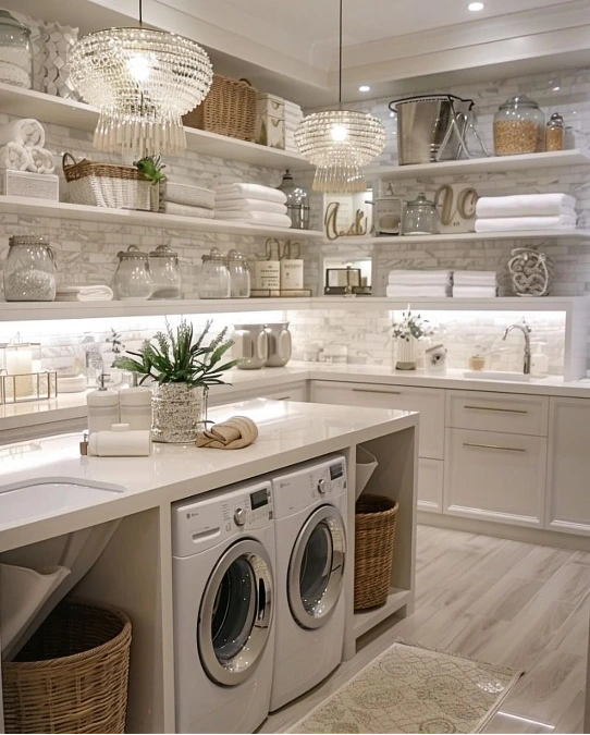 Luxury Wrap Around Shelving and Glamorous Chandeliers