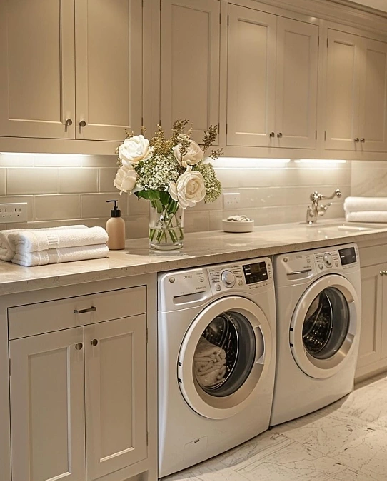 Monochromatic Beige Cabinets and Subway Tile Backsplash