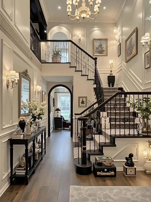 High-Contrast Trim and Wrought Iron Details