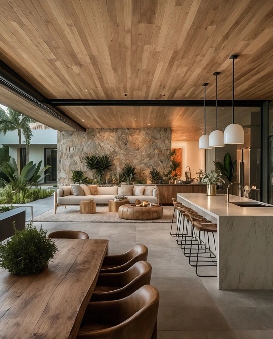 Natural Stone Accent Walls and Wood Paneled Ceilings