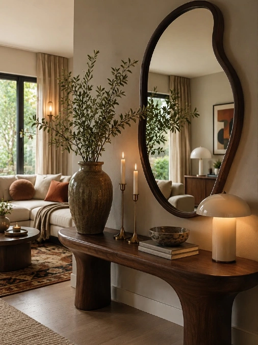 Asymmetrical Mirrors and Organic Wooden Furniture