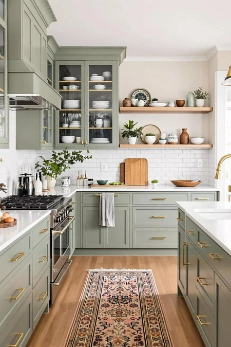 Glass Front Cabinets and Open Shelving