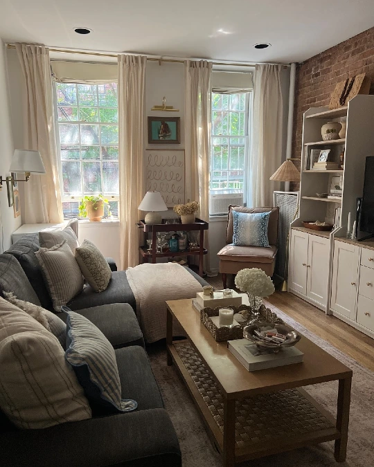 Built In Style Shelving and Unified Curtain Rods