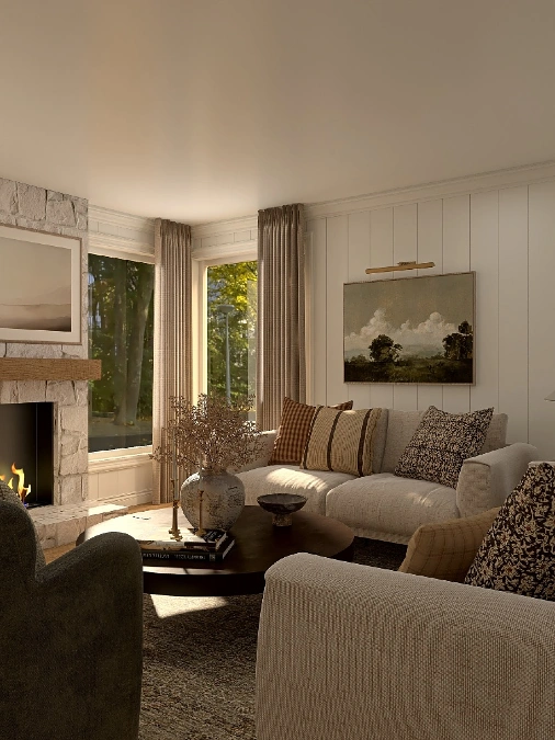 Vertical Shiplap Walls and Round Coffee Tables