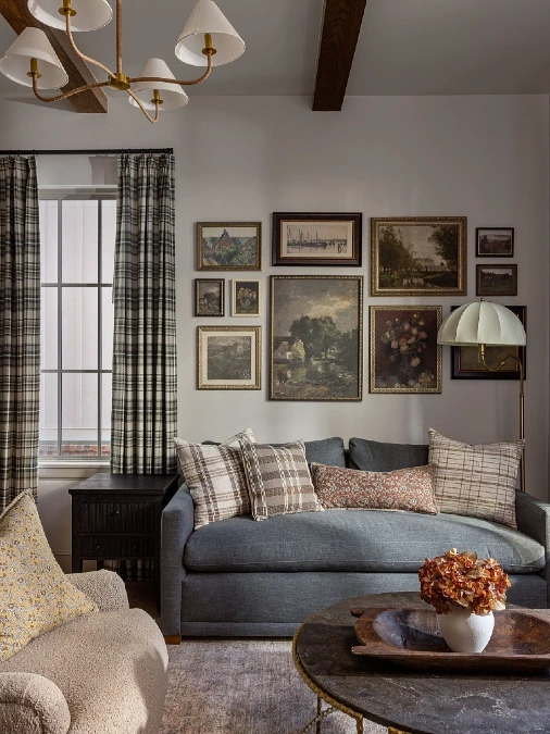 Tight Cluster Gallery Walls and Exposed Ceiling Beams