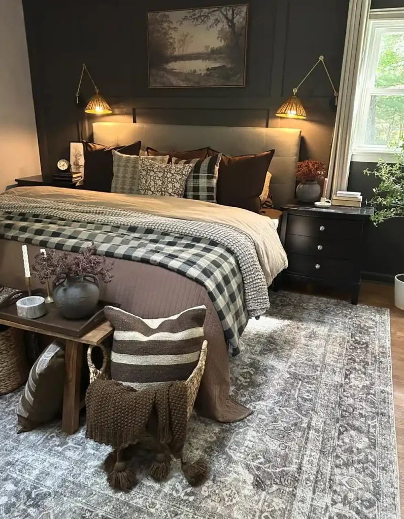 A Moody Plaid and Greige Bedroom