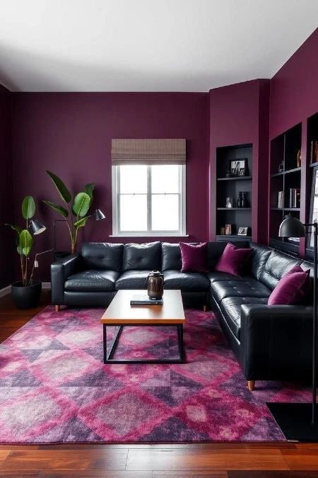 Anchoring Matte Plum Walls With Sleek Black Leather