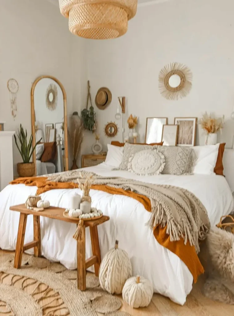 Arched Rattan Mirror and Layered Rust Bedding
