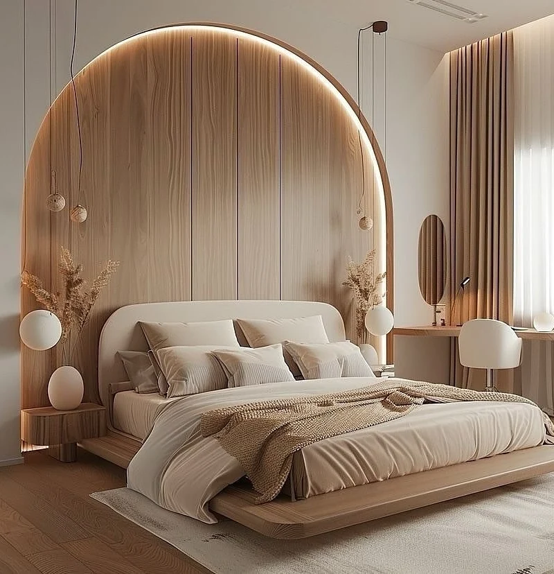 Backlit Wooden Archway with Low Platform Bed