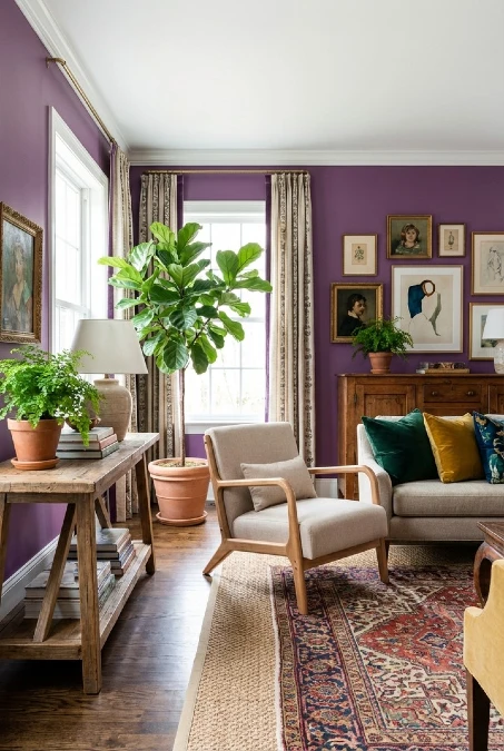 Balancing Bright Plum Walls With Rustic Wood Tones