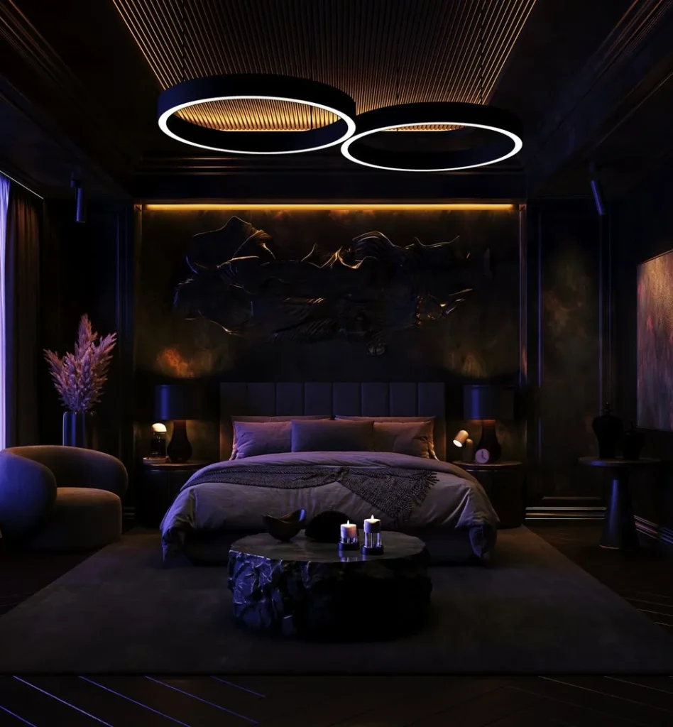 Black Bedroom with Halo Ring Lights and Sculpted Wall Art