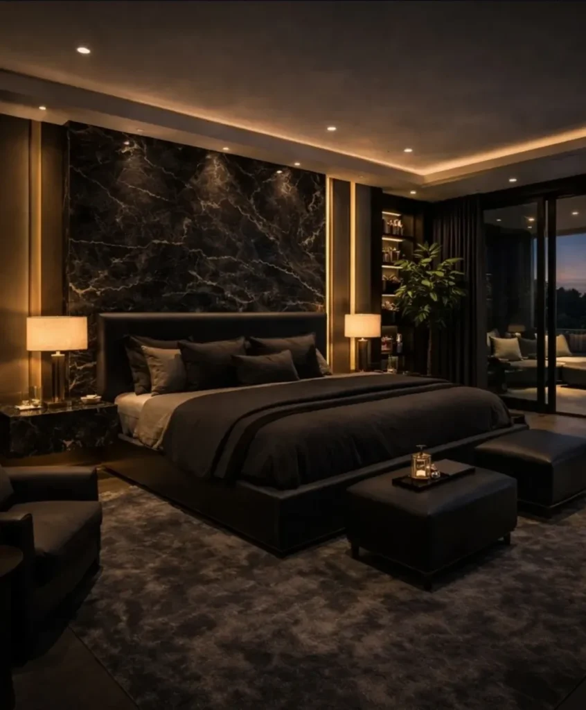 Black Marble Feature Wall with Backlit Panels