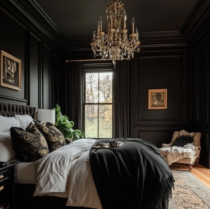 Black Paneled Walls with Gold Crystal Chandelier