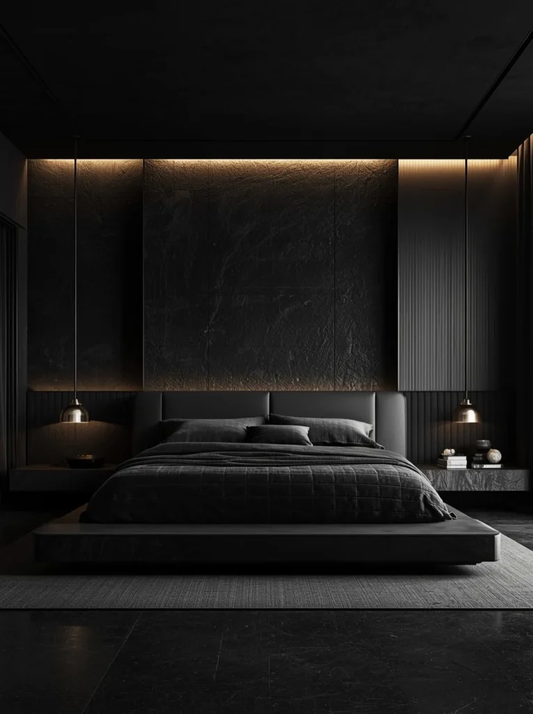 Black Textured Concrete Wall with Metal Pendants