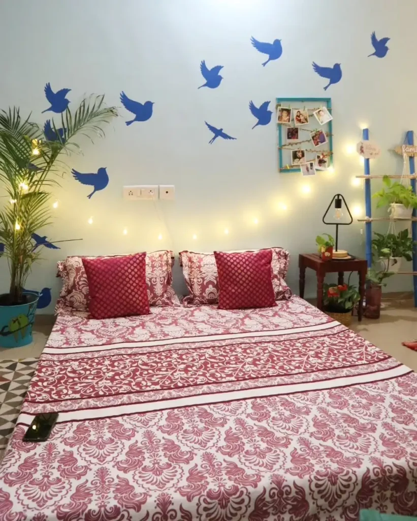 Blue Bird Decals And Red Patterned Bedding