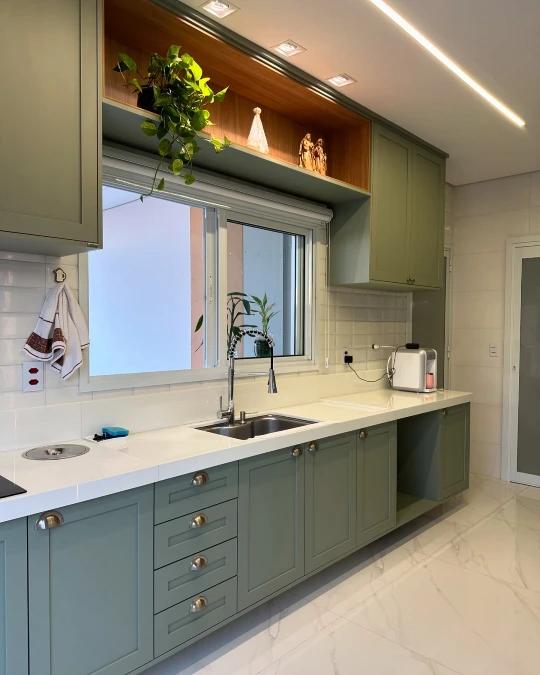 Bright Jade Kitchen Cabinets And Warm Wood
