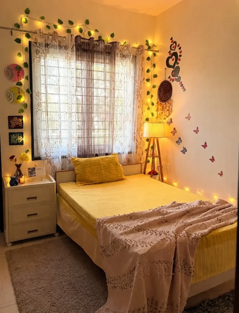 Bright Yellow Bedding and Boho Wall Details