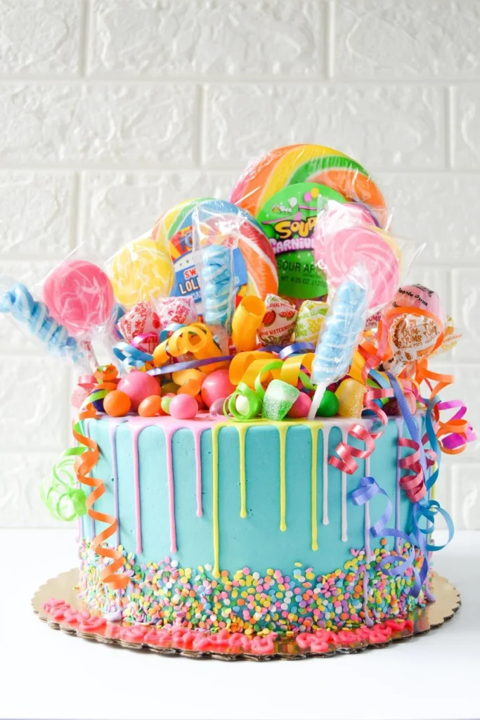 Rainbow Candy Explosion Drip Birthday Cake