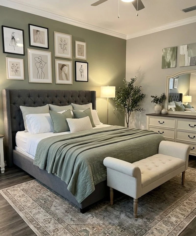 Charcoal Bed + Sage Green Accent Wall