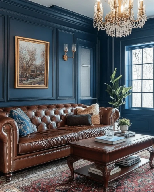 Classic Brown Leather Chesterfield Against Navy Paneling