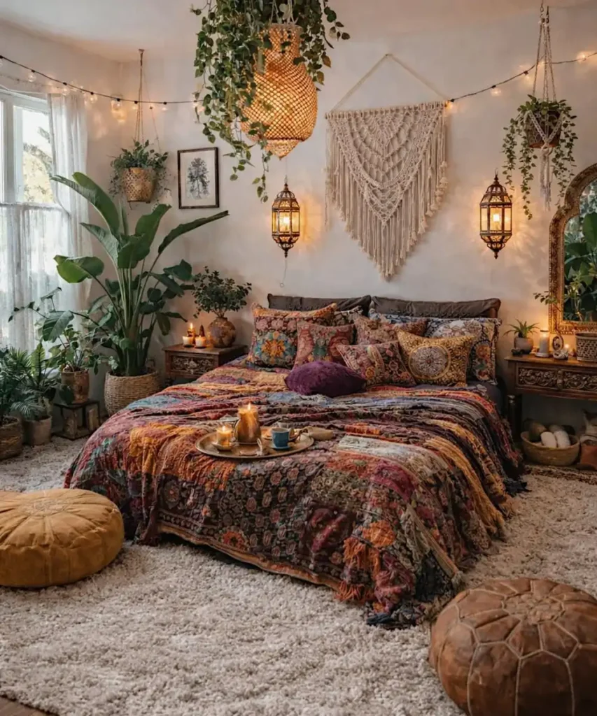 Colorful Patchwork Quilt with Hanging Moroccan Lanterns