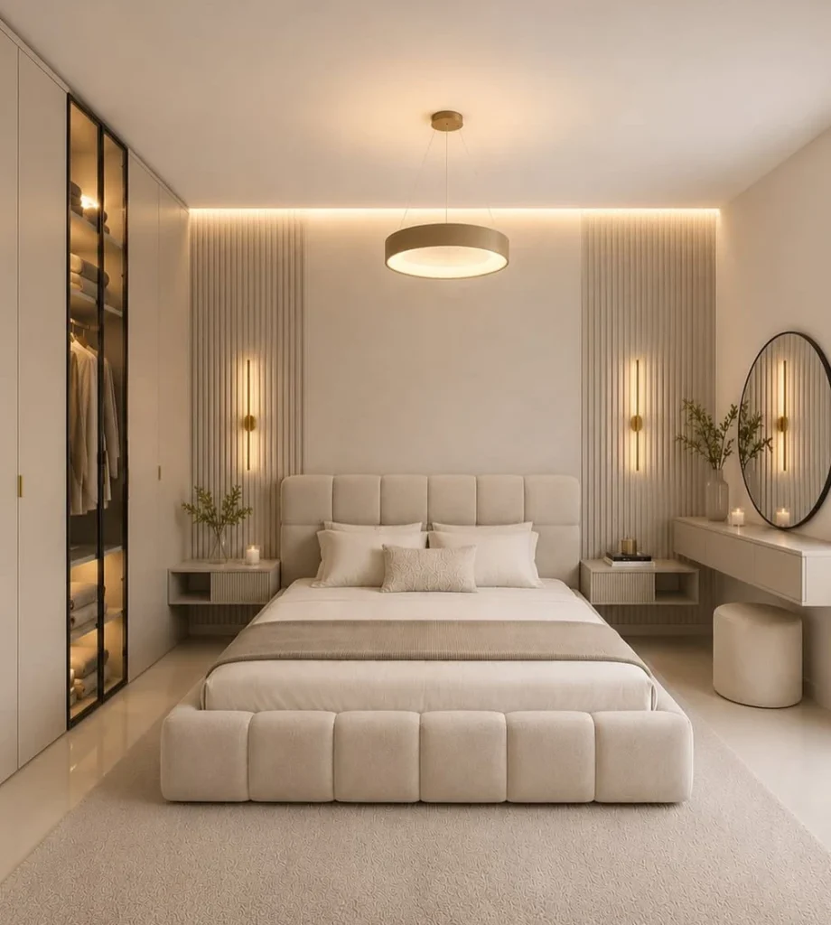 Cream Tufted Bed and Circular Mirror