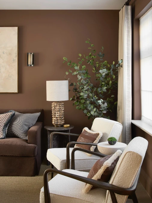 Crisp White Boucle Pops Against Muddy Brown Walls