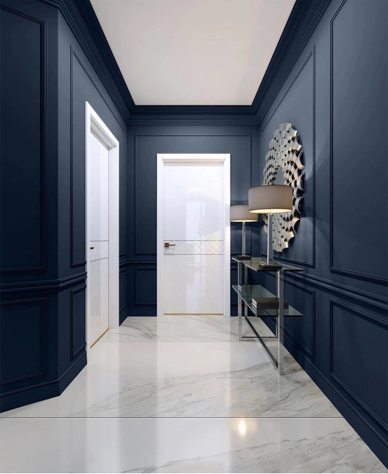 Crisp White Doors Against Navy Paneling