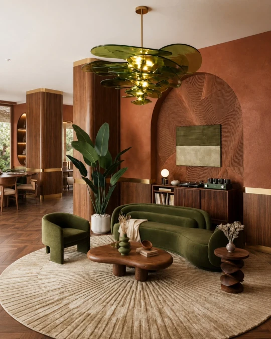 Curved Green Velvet And Carved Plaster