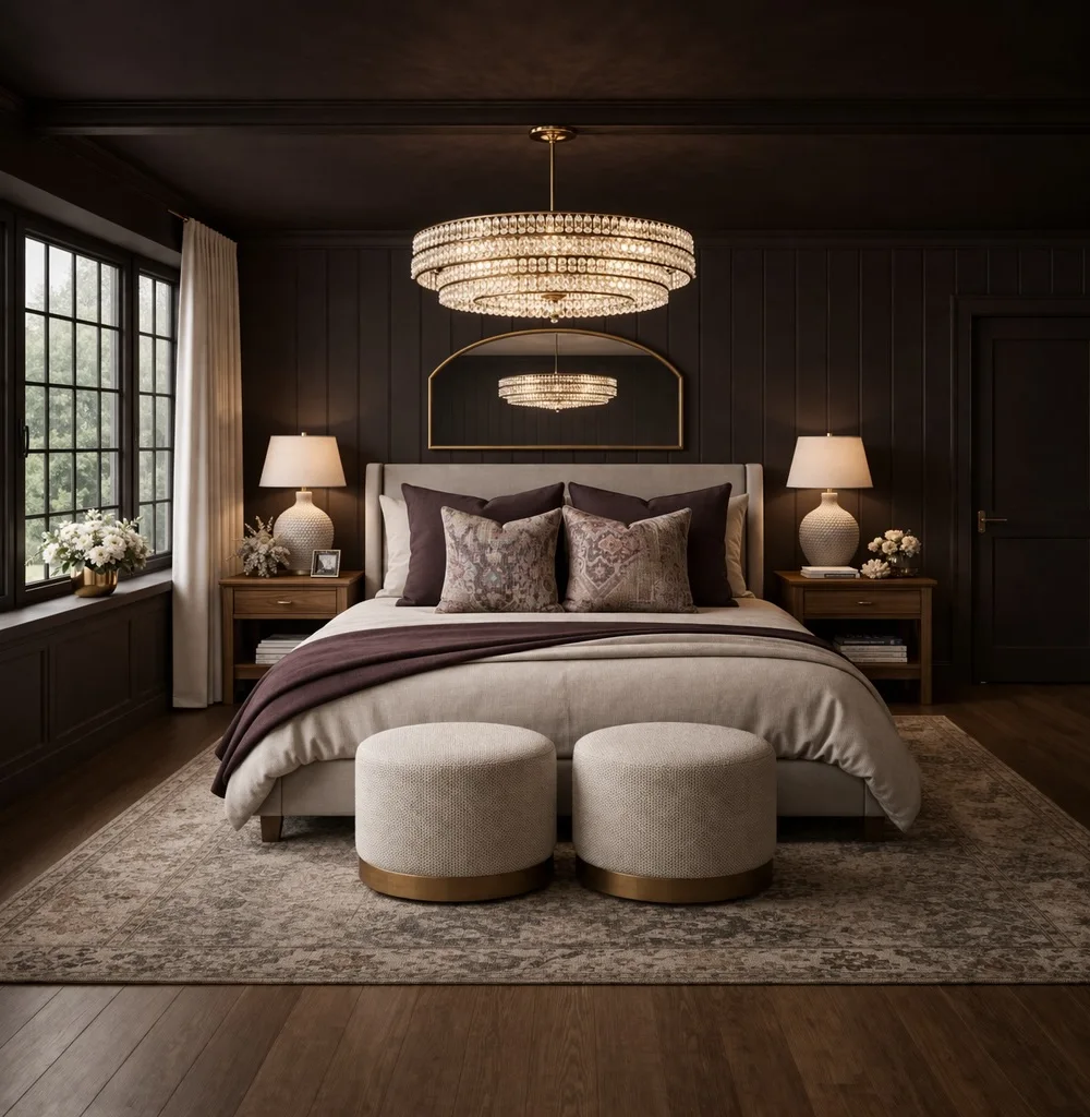 Dark Brown Paneled Walls with Tiered Crystal Chandelier