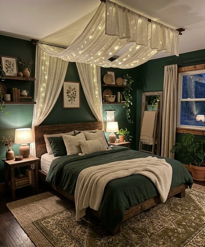 Dark Green Walls with Draped Fabric Canopy and String Lights