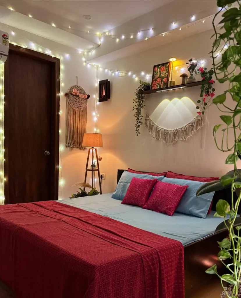 Deep Crimson Bedding and Woven Macrame Accents