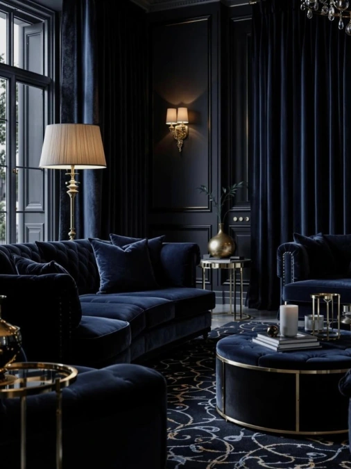 Deep Navy Velvet And Brass Lighting Create Quiet Luxury