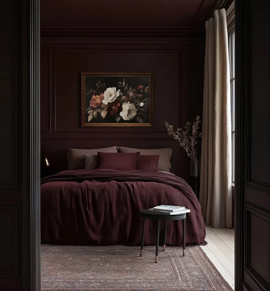 Deep Plum Walls with Vintage Floral Art