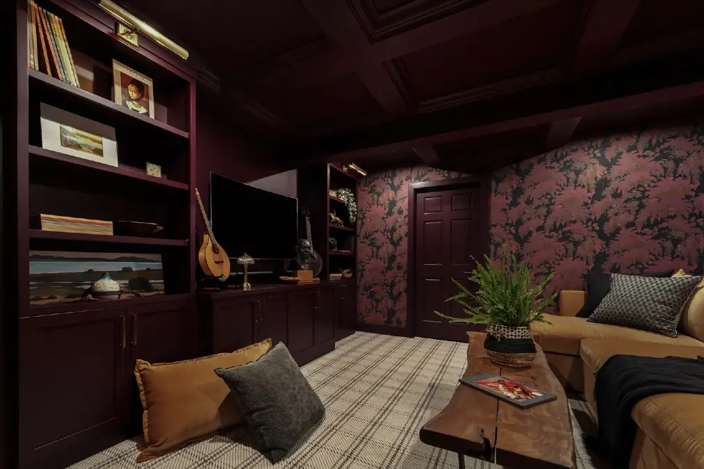 Designing Enclosed Media Rooms With Saturated Plum Built Ins