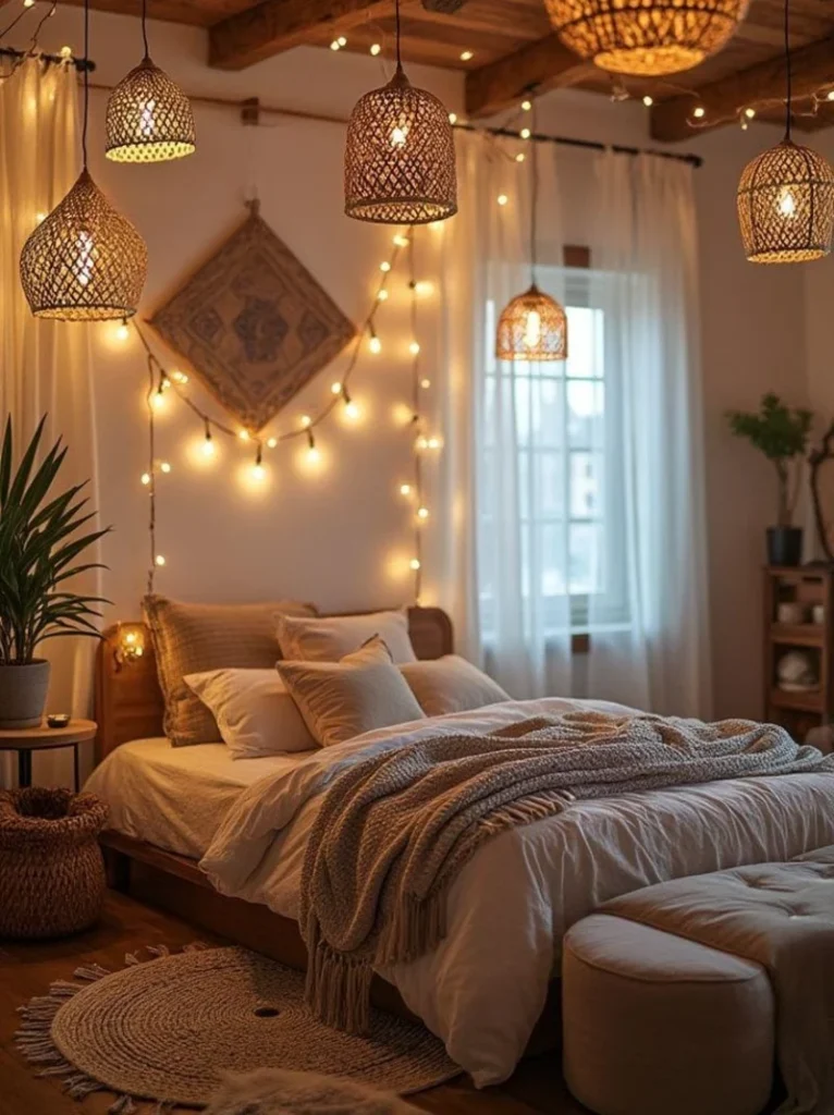 Exposed Ceiling Beams with Multiple Woven Pendants