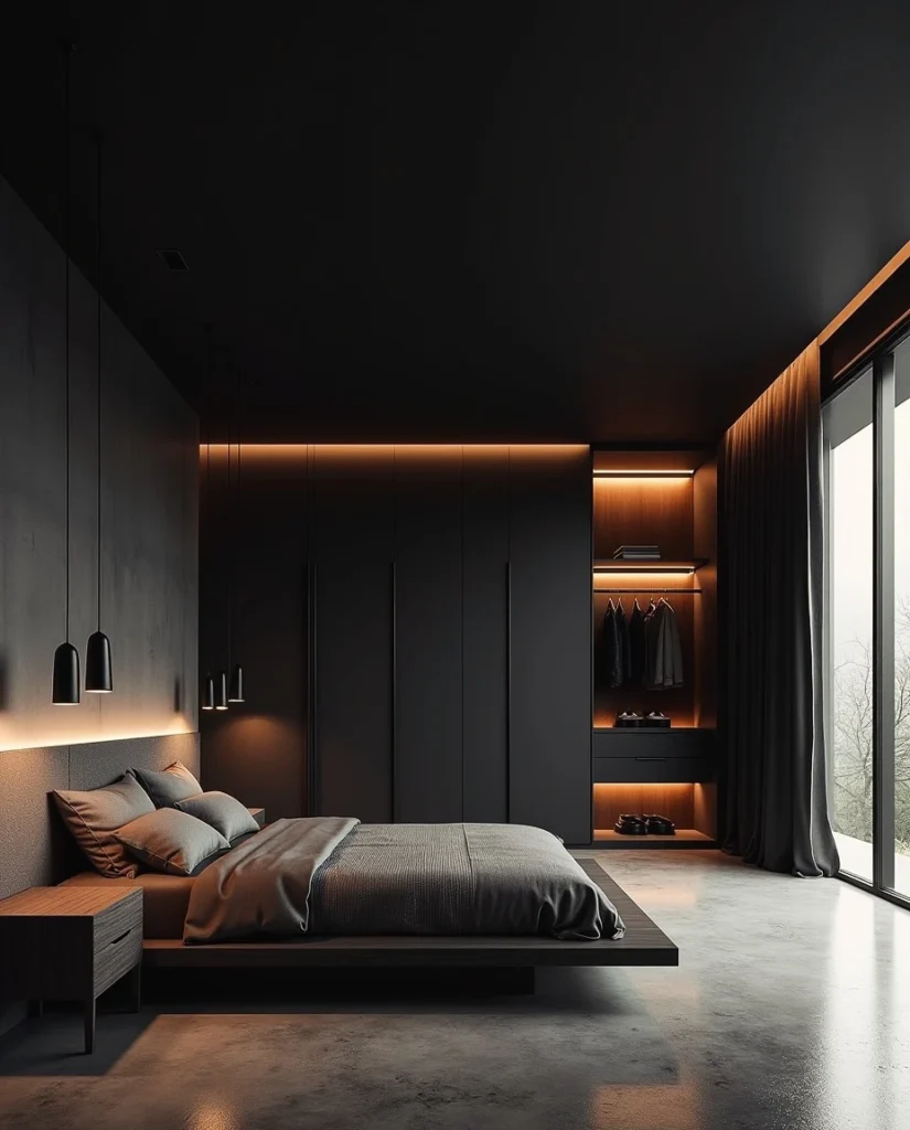 Floating Dark Bed with Open Lit Closet