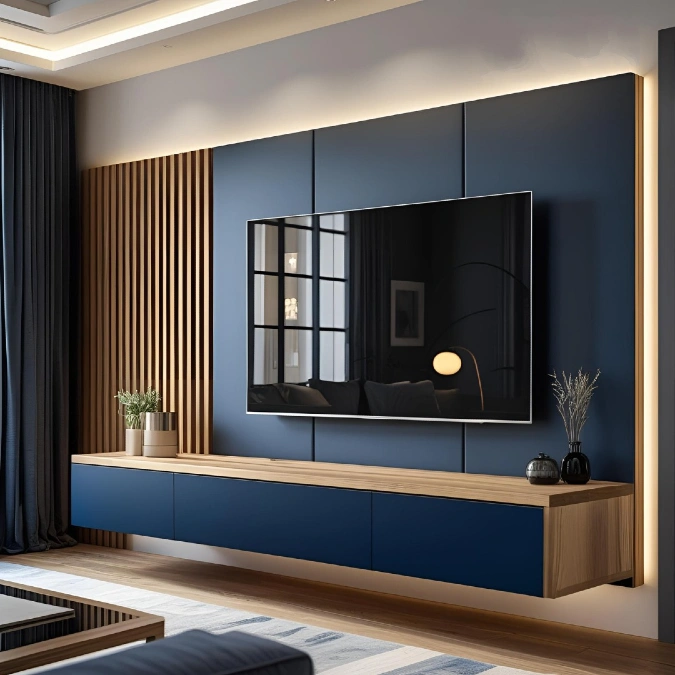 Floating Navy Media Console With Warm Wood Slats