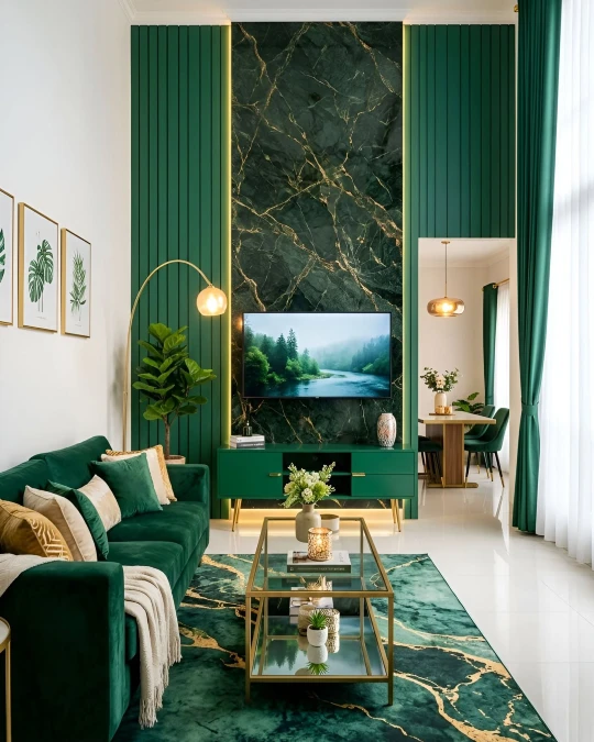 Fluted Green Wood And Dark Marble Walls