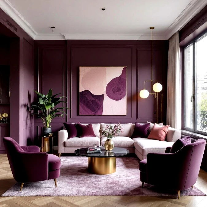 Framing Soft Pink Seating With Saturated Plum Panels