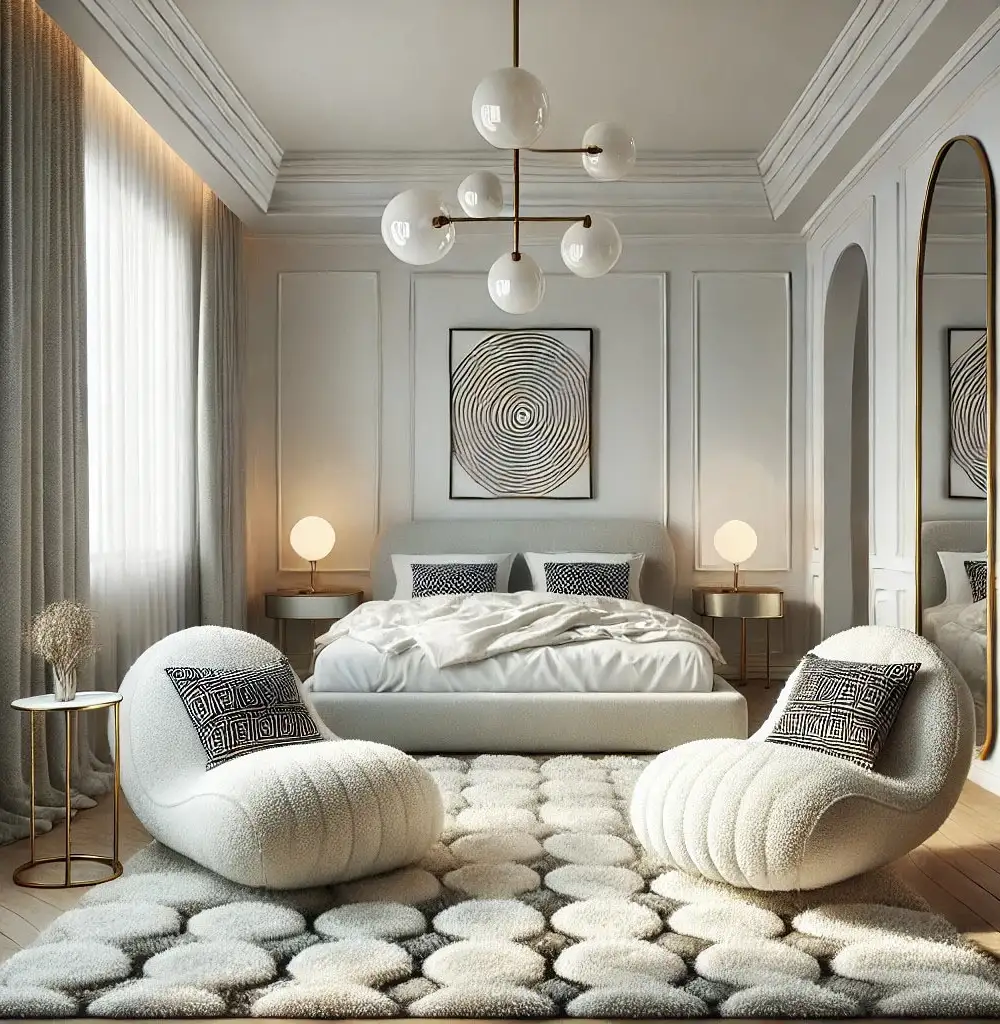 Globe Chandelier and Curved Armchairs