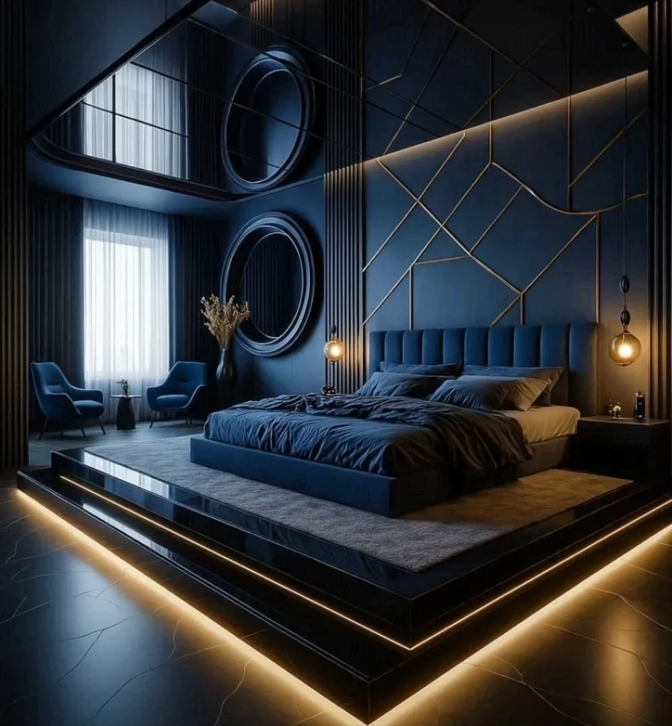 Glossy Black Platform Bed with Geometric Gold Wall Lines