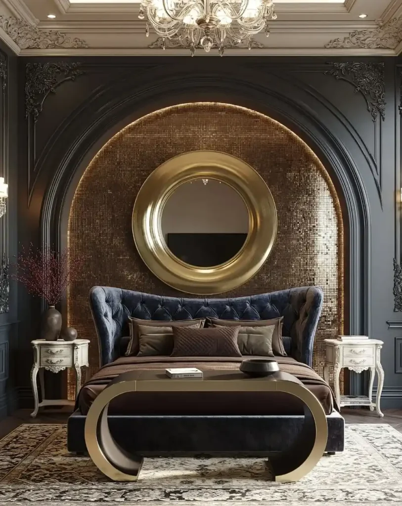 Gold Mosaic Arch with Blue Velvet Bed