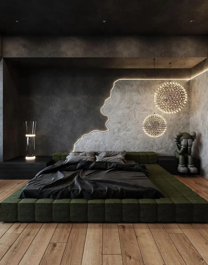 Green Tufted Platform Bed with Jagged Wall Light